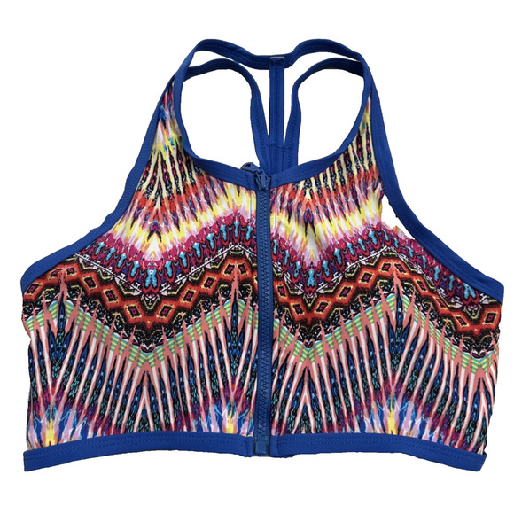 TiniBikini Size M Zip Front Swim Top Removable Pads Royal Blue Geometric - Picture 1 of 5